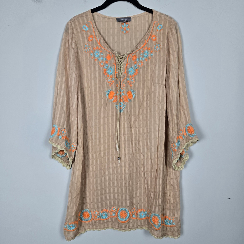 Umgee Womens Embroidered Sheer Tunic Top Size L Tan Gauze Boho Festival Hippie